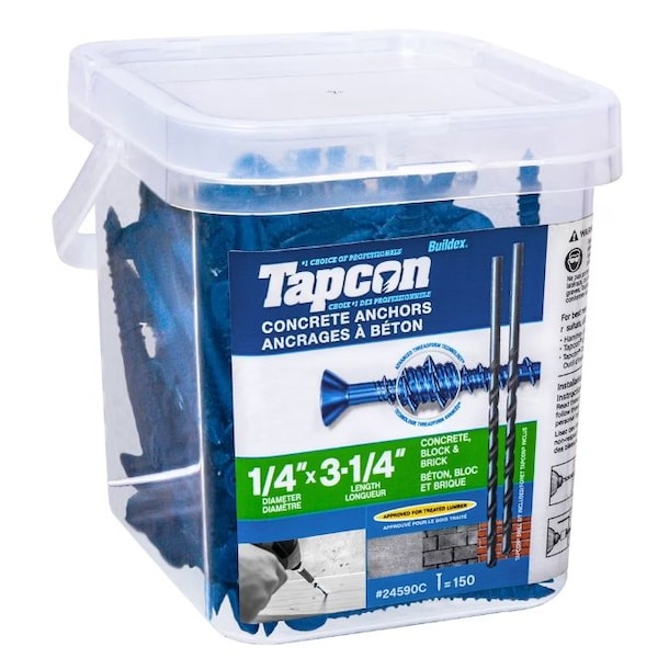 Tapcon 1/4-inch x 3-1/4-inch Climaseal Blue Flat Head T25 Concrete Screw Anchors With Drill Bit, 150PK 24590CT25 - main